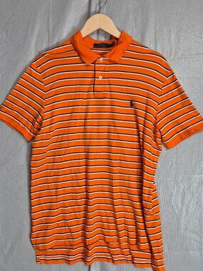 Polo Ralph Lauren Shirt Mens L Orange Blue Striped Short Sleeve Casual Pony 0657